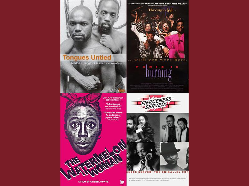 Collage of film covers for Tongues Untied, Paris Is Burning, The Watermelon Woman, and Fierceness Served!